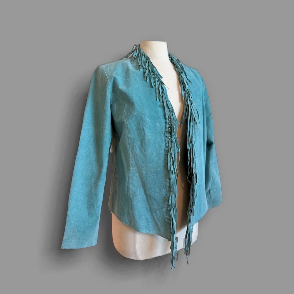 Dialogue | 90s-Y2K Turquoise Fringe 100% Leather Western Jacket - S